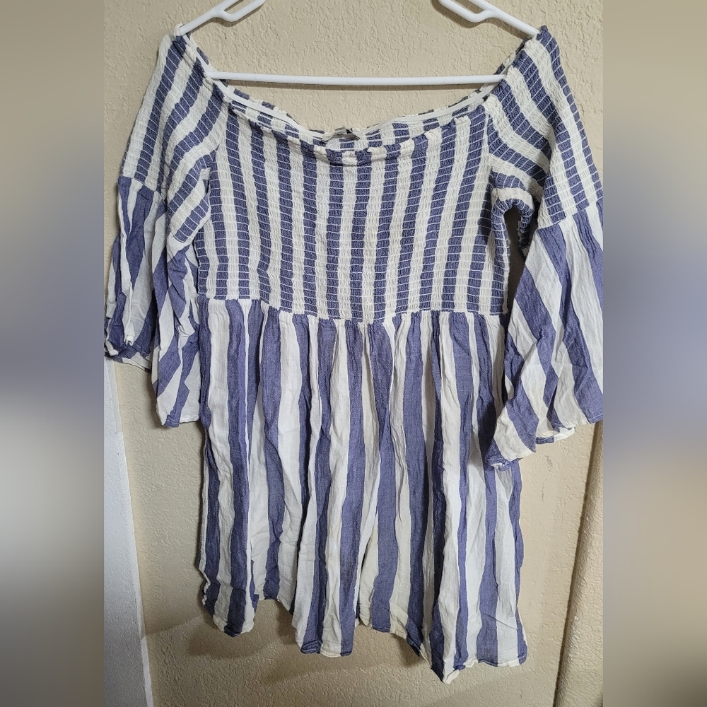 Lucky Brand Striped Blue and White Peasant Top/Tunic/Dress